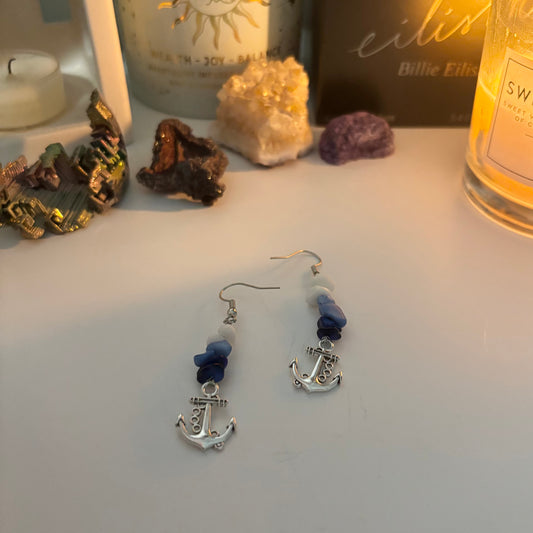 blue dangly anchor earrings